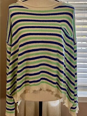 Peach Love California Striped Crewneck Sweater in Blue, Green & Cream